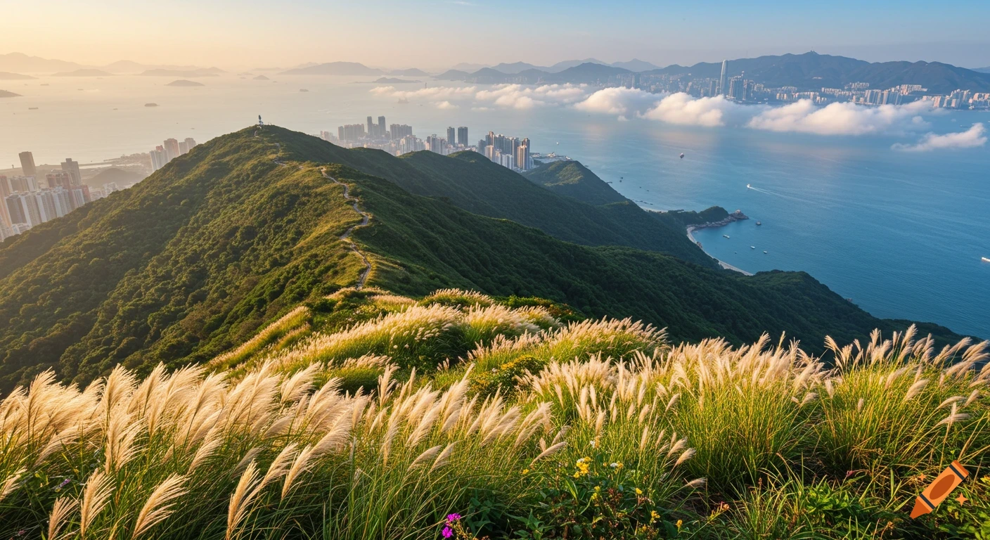 Photorealistic view from a mountain peak overlooking a city by the ocean with golden reeds in the foreground.