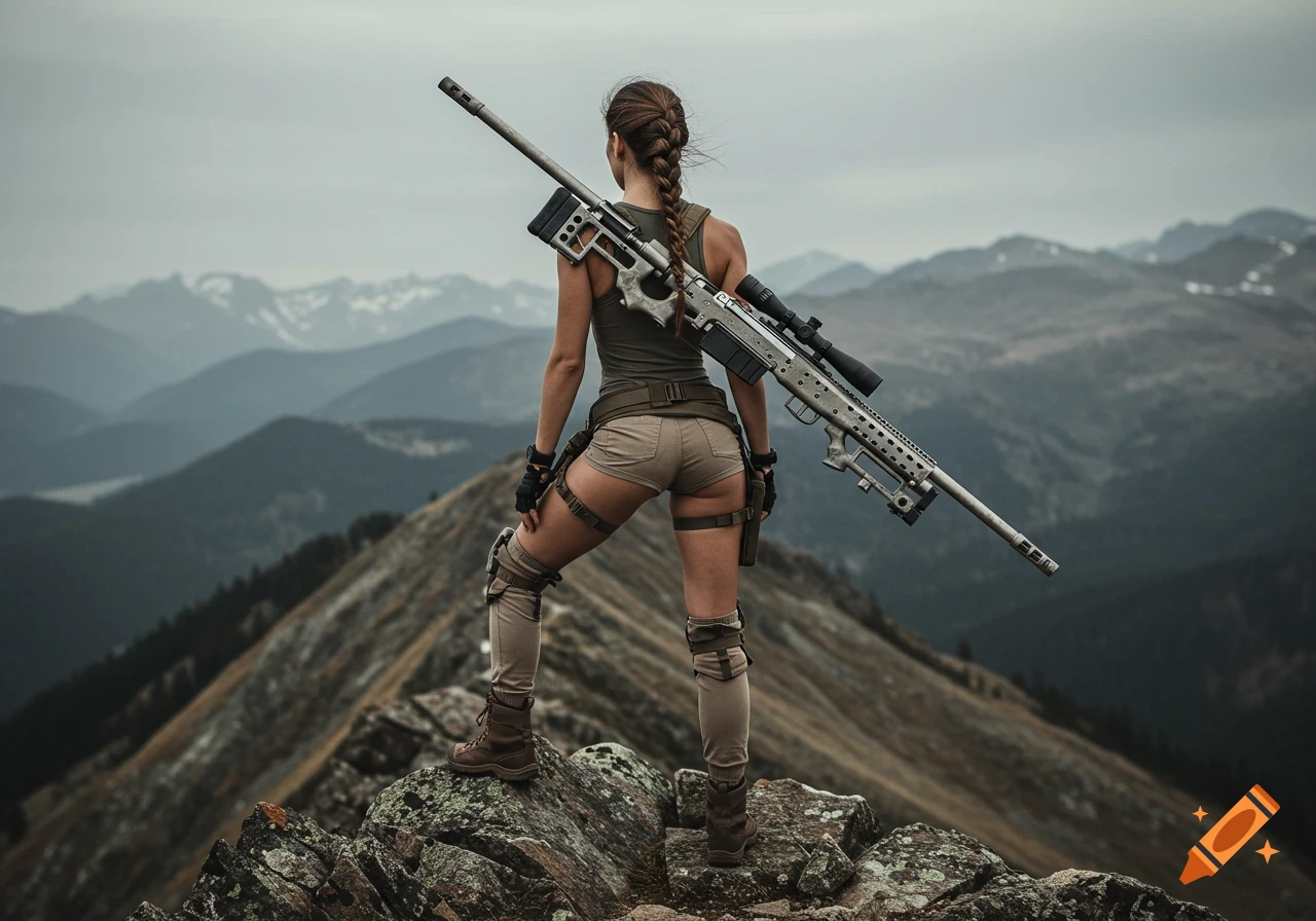 A woman with a braid, carrying a large sniper rifle on her back, stands on a rocky mountain summit, looking out at a mountain range.