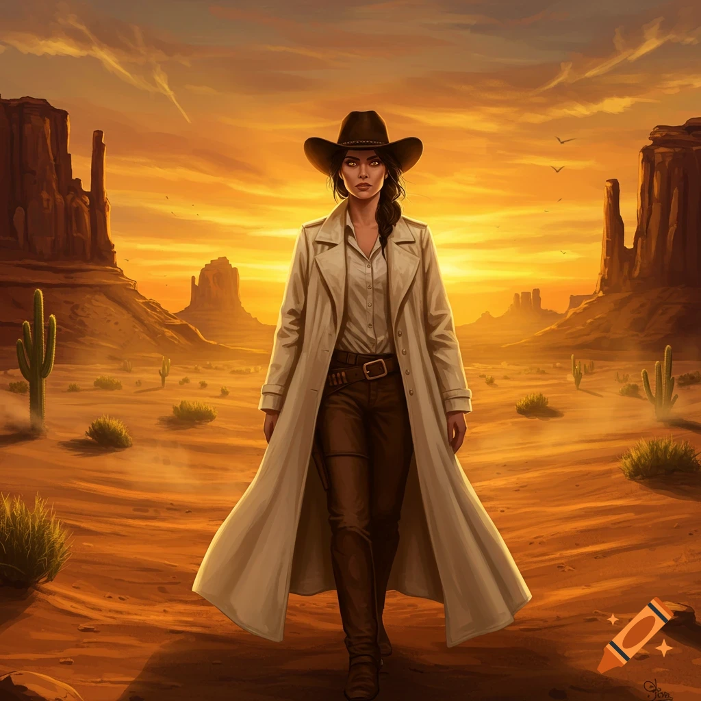 A determined woman in a cowboy hat and long coat stands in a vast, orange desert landscape with mesas and cacti at sunset.