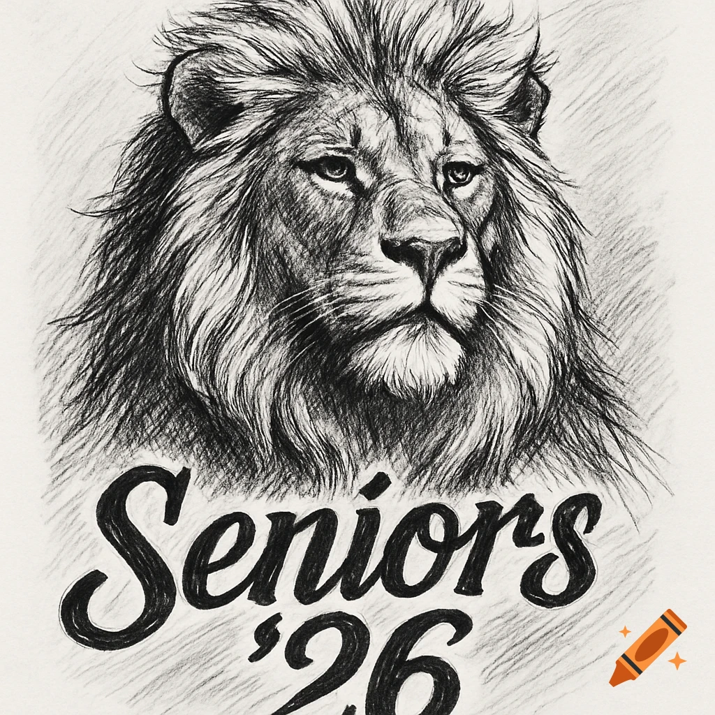 A black and white sketch of a majestic lion head with the words 'Seniors '26' in script below it.