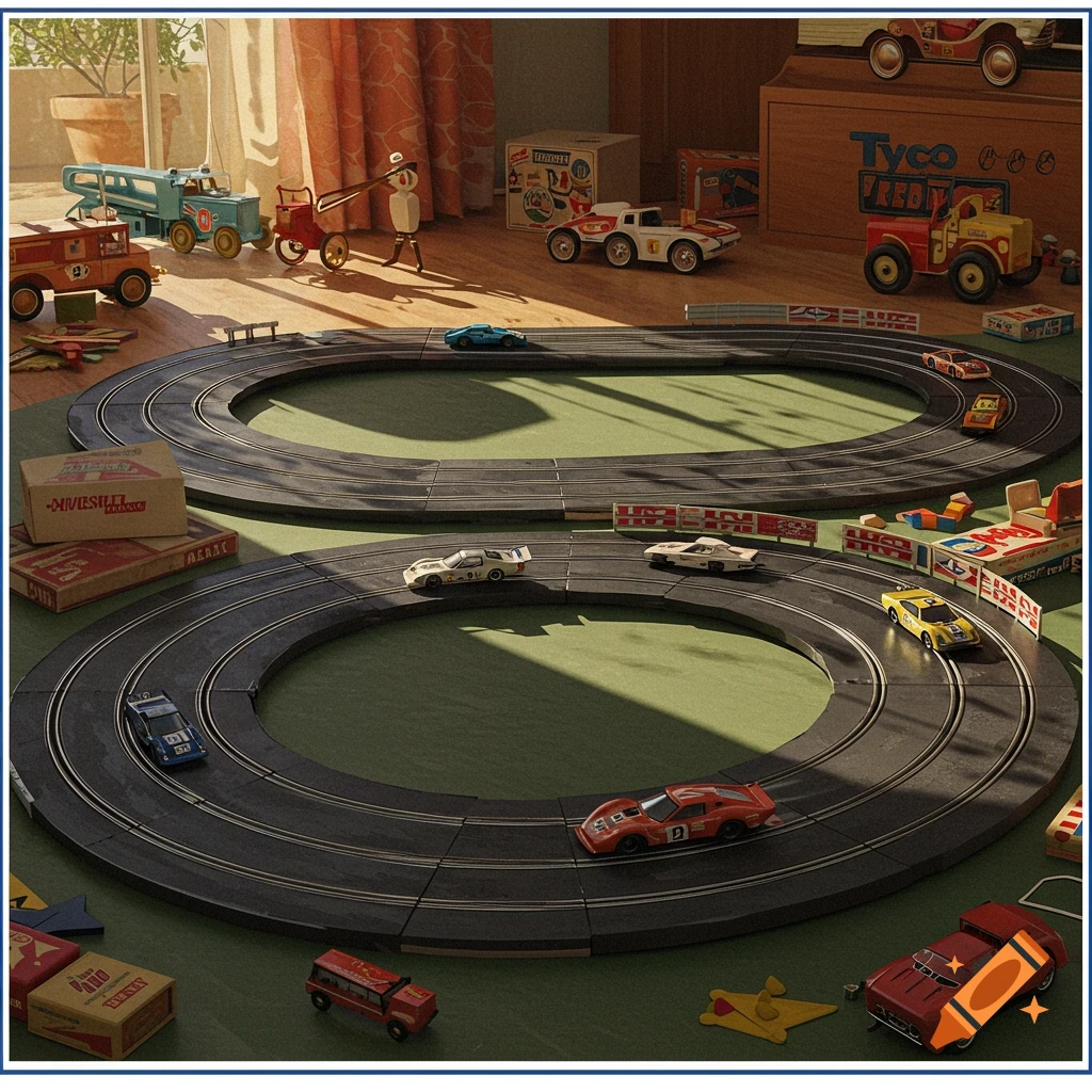 A top-down view of a vintage slot car track with various toy cars on and around it, set in a room with a window and other toys.
