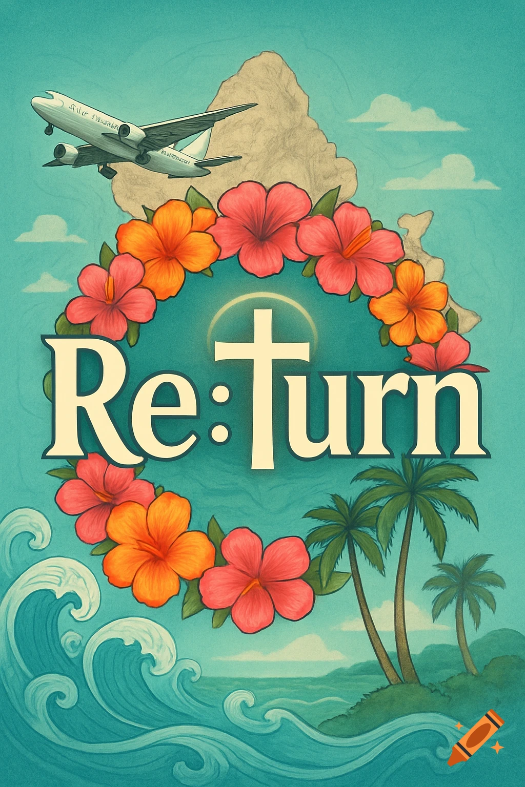 Stylized graphic design with "Re:Turn" text with a cross as the 'T' and a halo on the colon, framed by tropical flowers. An airplane flies over an island map, with palm trees and ocean waves below.