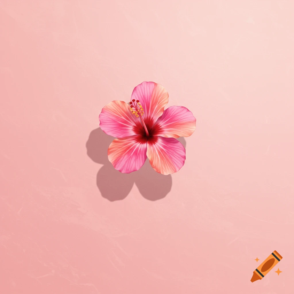 A pink hibiscus flower with a dark center on a light pink background, casting a shadow.
