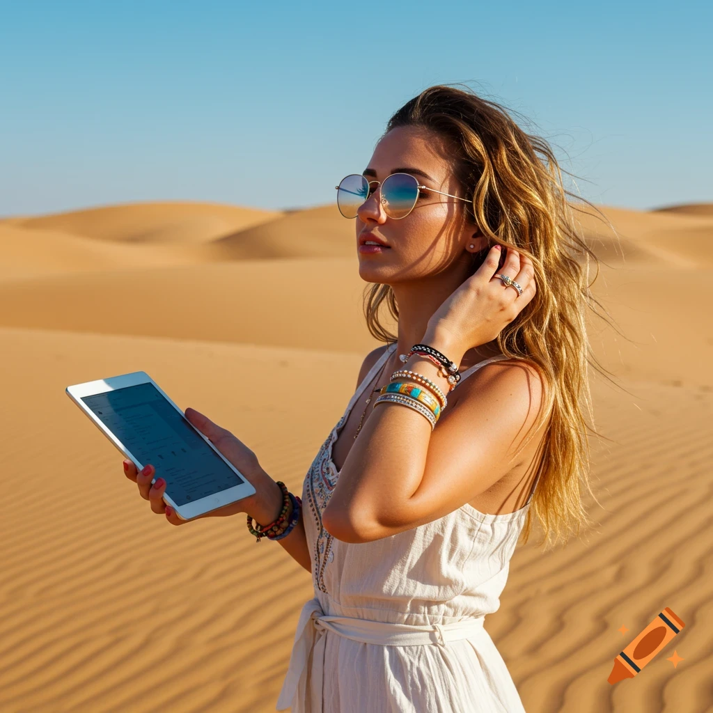 A young woman in sunglasses and a white dress holds a tablet in a sunny desert with sand dunes.