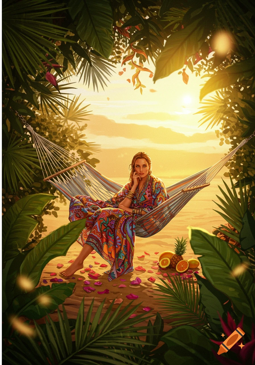 Woman in a colorful dress in a hammock on a tropical beach at sunset, surrounded by foliage and fruits. Digital illustration.