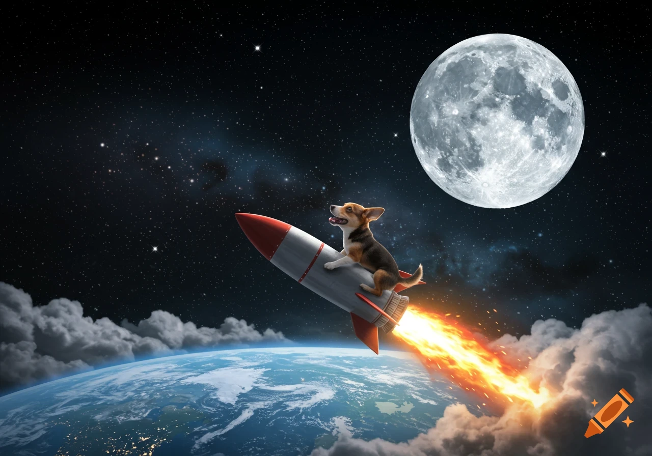 A small dog rides a rocket launching from Earth into space, with the moon prominently visible.