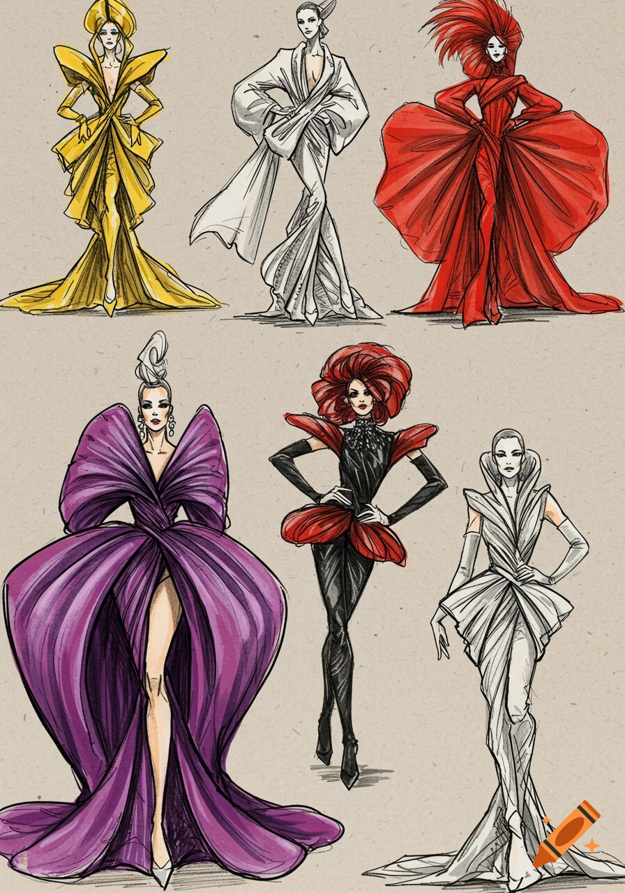 Six stylized fashion sketches of women in elaborate, dramatic haute couture gowns, featuring vibrant colors and a hand-drawn, watercolor-like aesthetic.