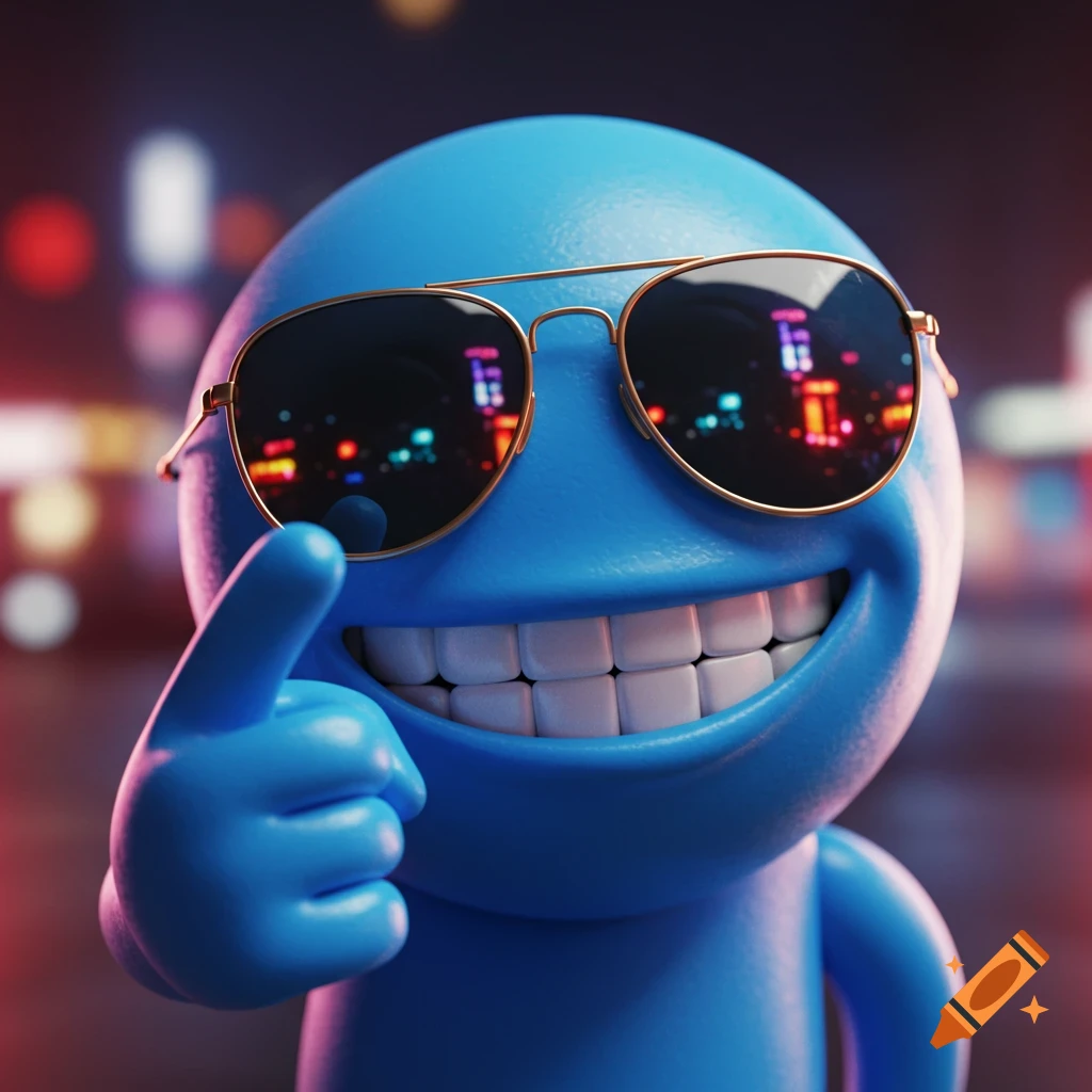 A blue emoji-like character wearing aviator sunglasses, smiling broadly and giving a thumbs up, with a blurred city lights background.