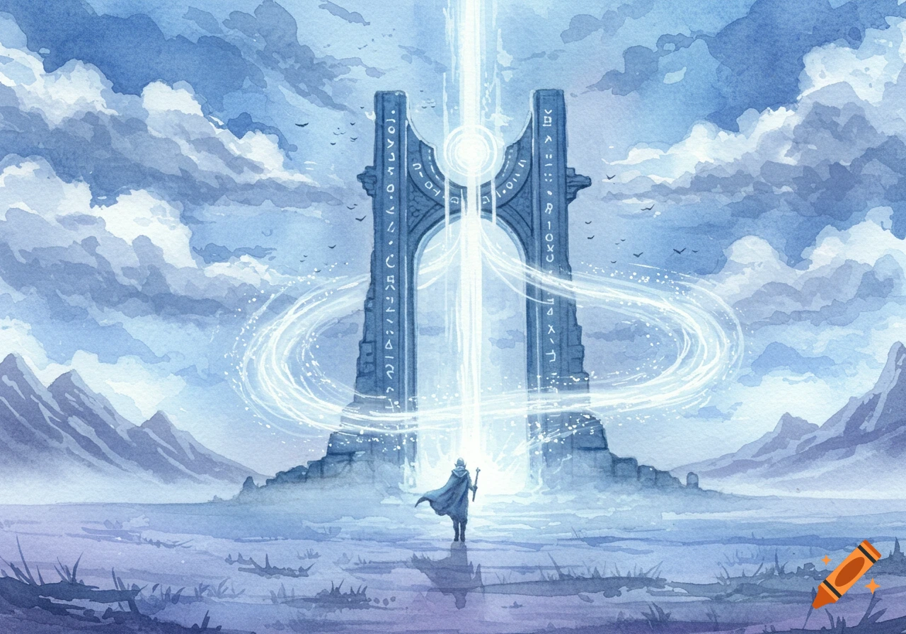 A lone cloaked figure stands before a massive, glowing stone gate etched with ancient symbols in a blue and purple watercolor fantasy landscape.