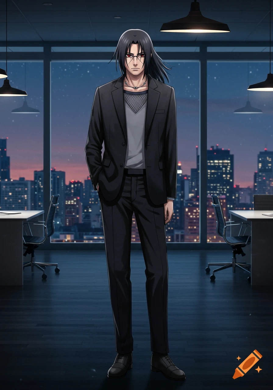 Full body anime rendering of Uchiha Itachi from Naruto, wearing a black business suit and glasses in an office with a city view at dusk.