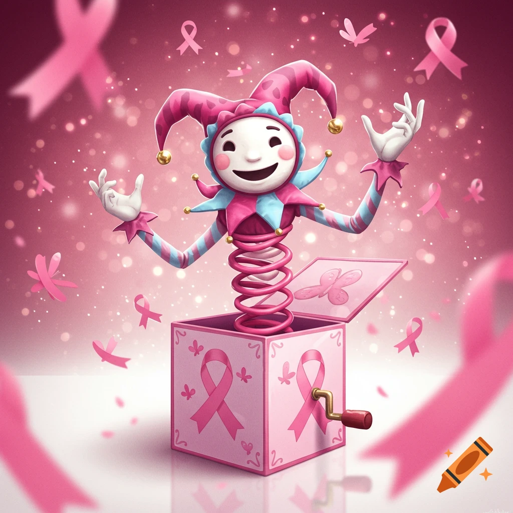 A pink and blue jester jack-in-the-box emerges from a pink box decorated with breast cancer awareness ribbons, surrounded by floating ribbons.