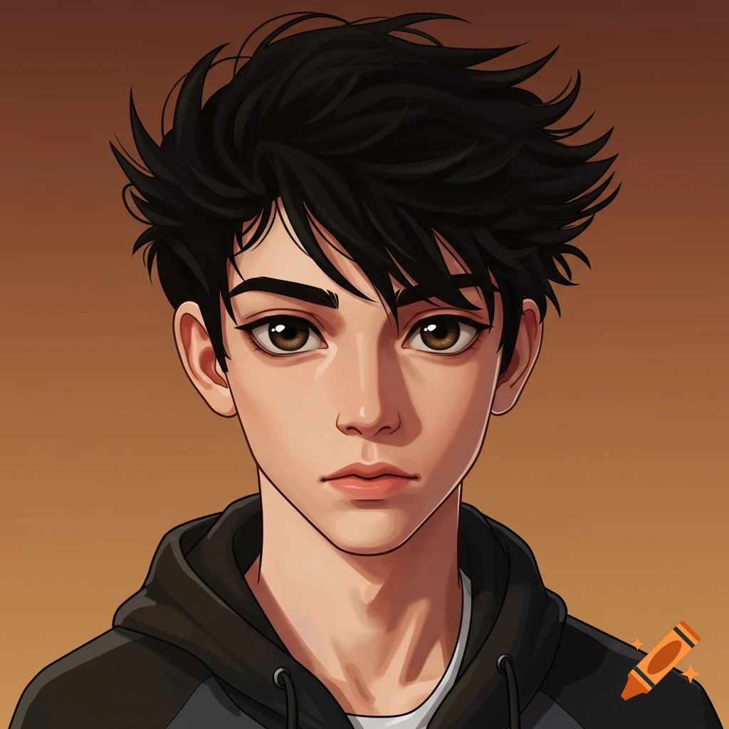 Close-up anime portrait of a young boy with black spiky hair, brown eyes, and a black hoodie.