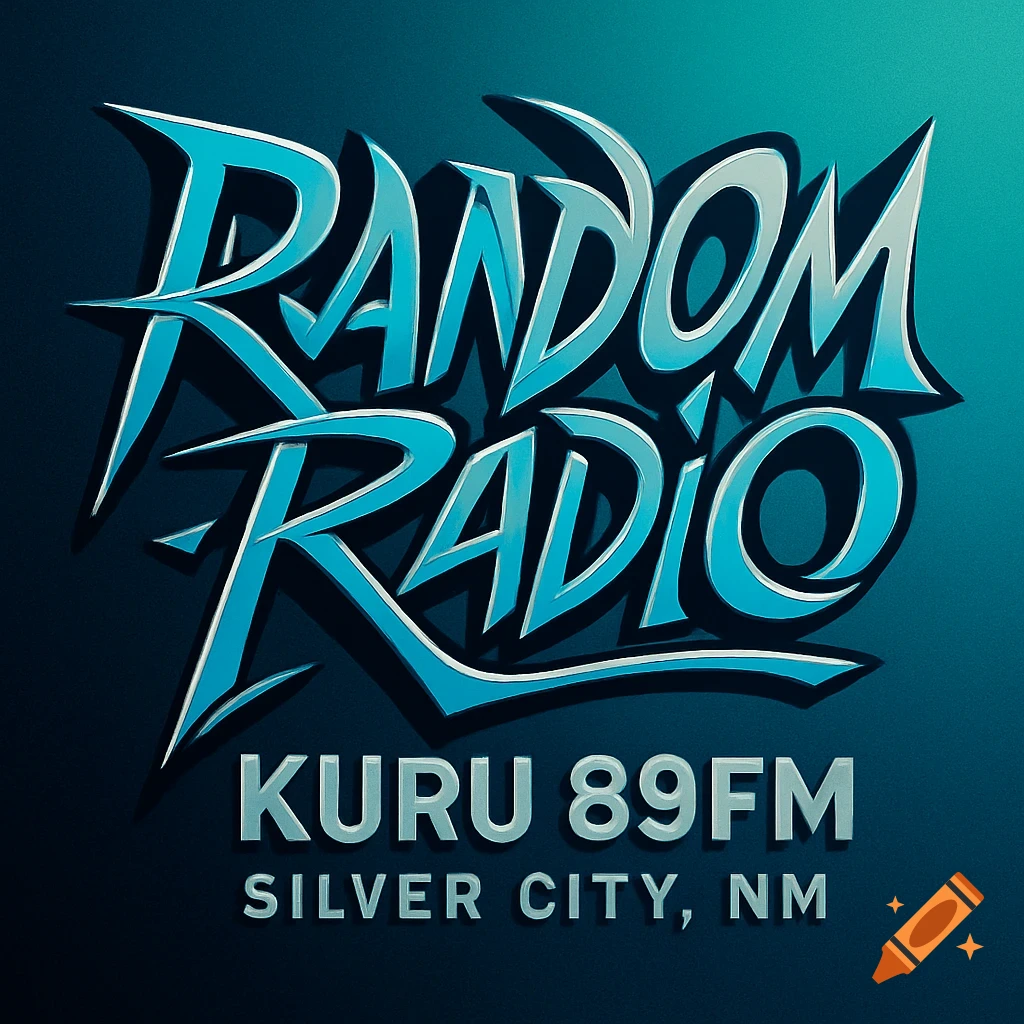 A vibrant blue and white logo for 'Random Radio KURU 89FM Silver City, NM' with stylized, sharp typography on a teal background.