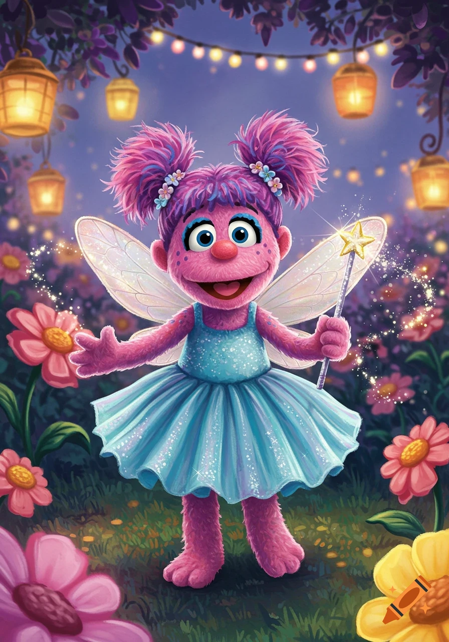 Abby Cadabby, a pink furry fairy with pigtails, a blue sparkly dress, and wings, holds a magic wand in a glowing garden.