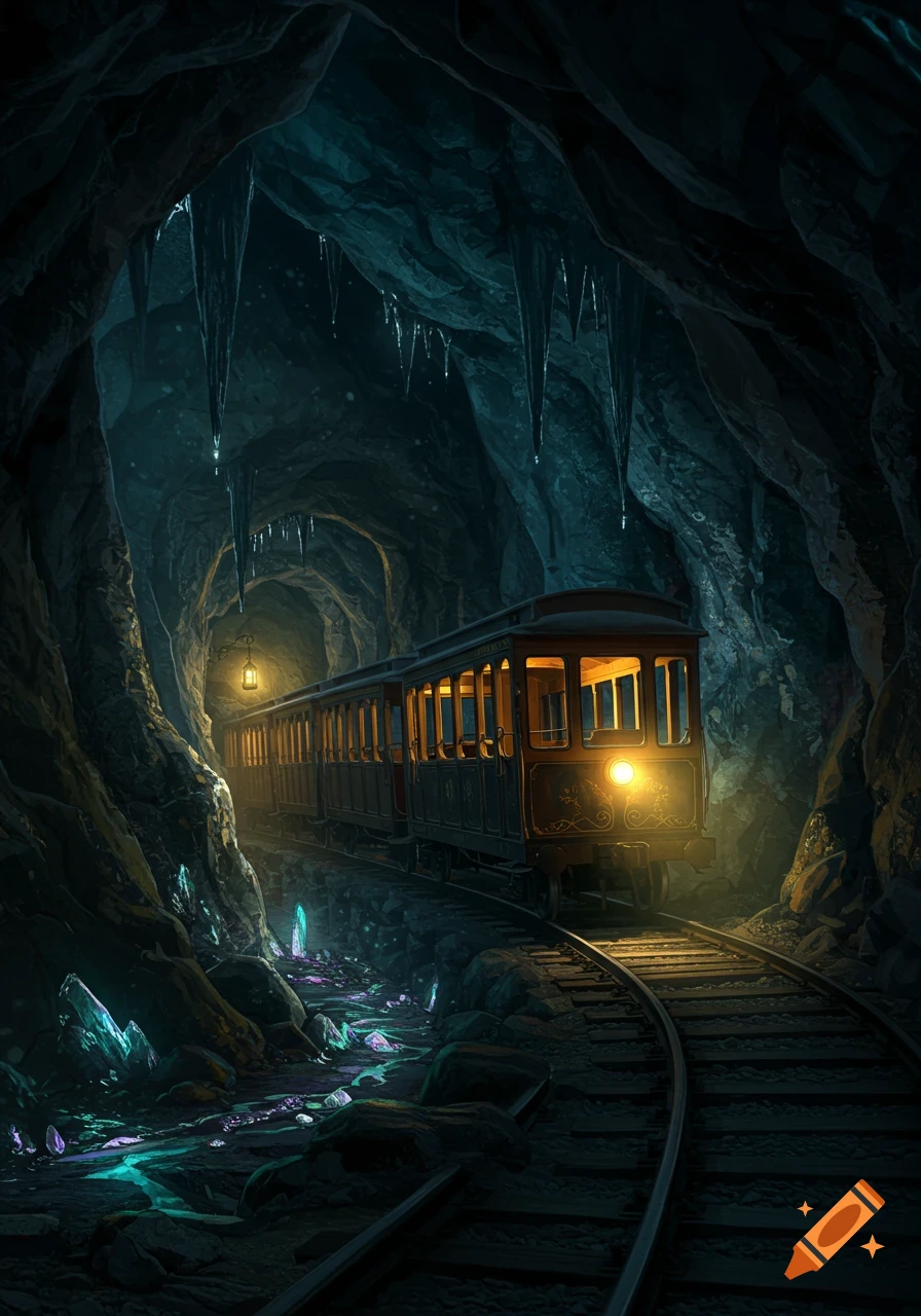 A vintage rail carriage with glowing windows travels on tracks through a dark, icy cave lit by a lantern and mystical teal and purple crystals.