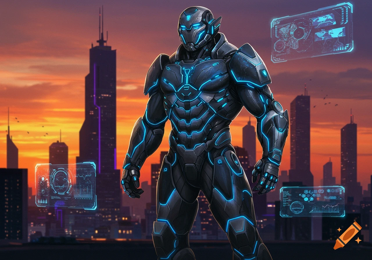 A powerful humanoid in black and blue futuristic armor stands against a sunset city skyline with glowing holographic interfaces. Stylized.