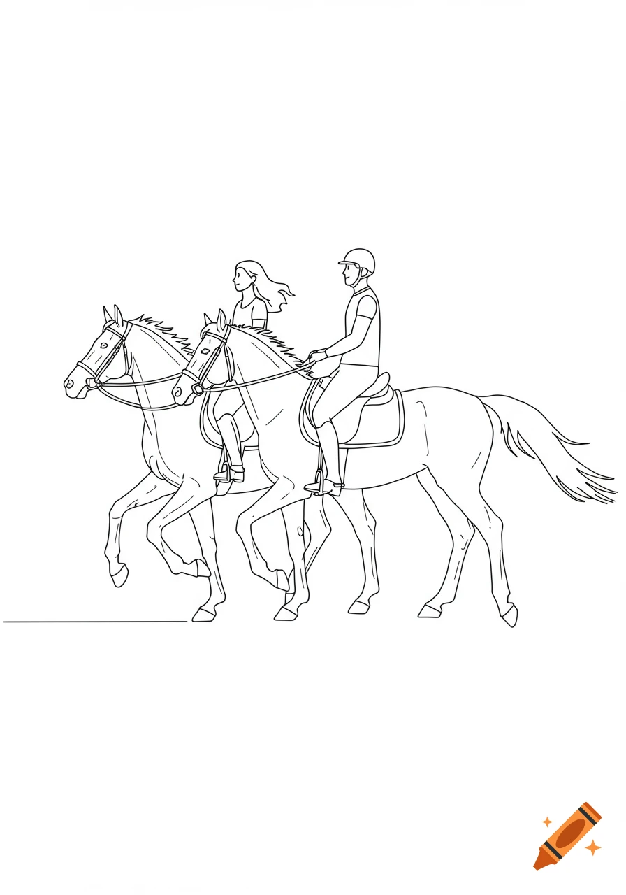 Line art drawing of a man and a woman riding horses side by side, in profile view.