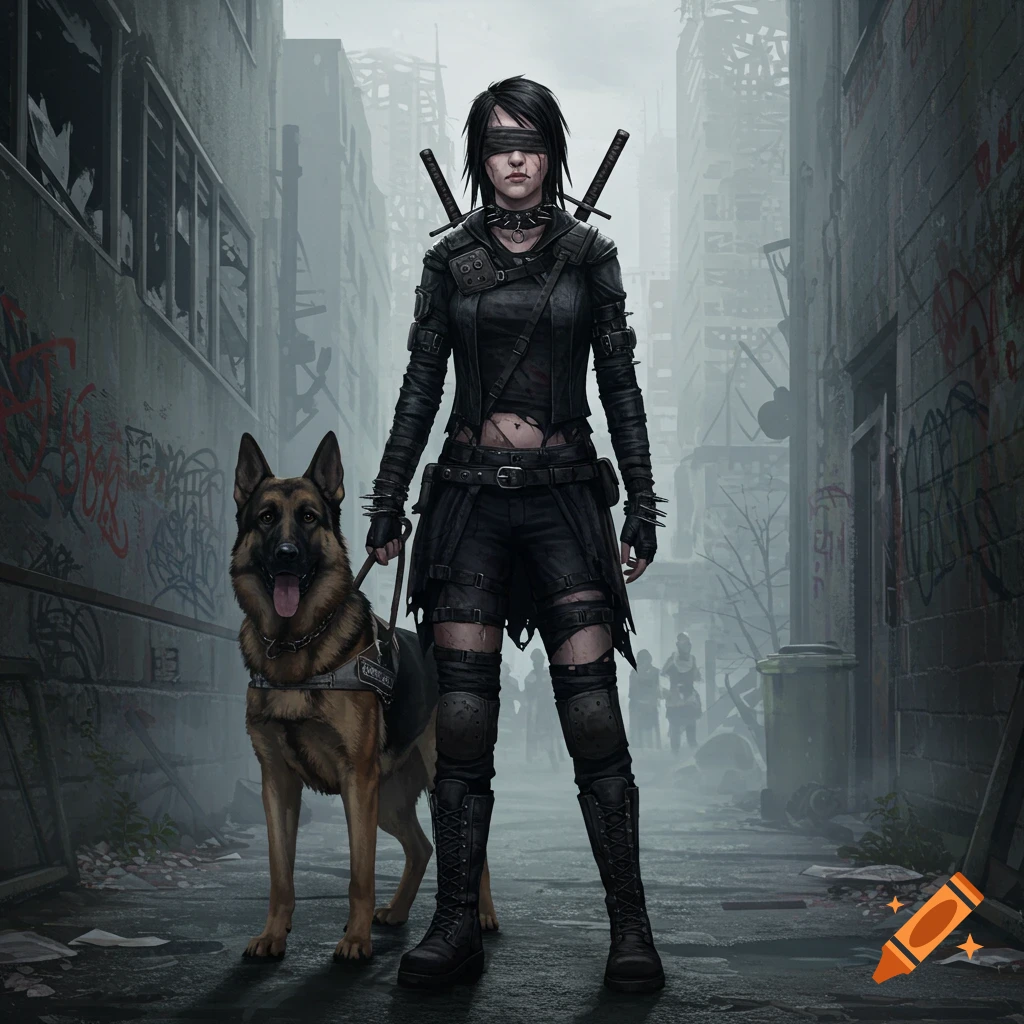 Blindfolded woman in black gothic attire with katanas and a German Shepherd guide dog in a ruined city.