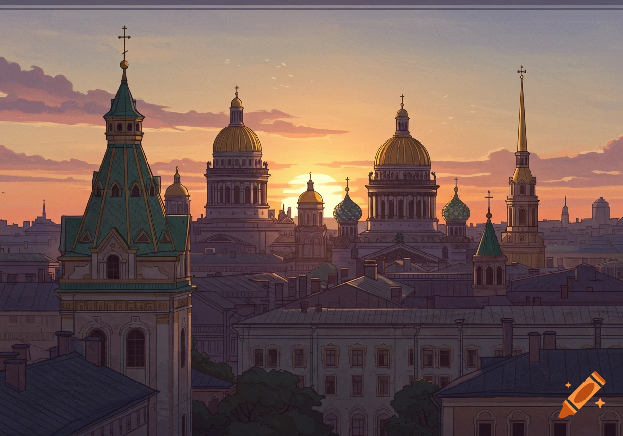 An art deco illustration of the St. Petersburg city skyline at sunset, featuring numerous buildings with golden domes and spires.