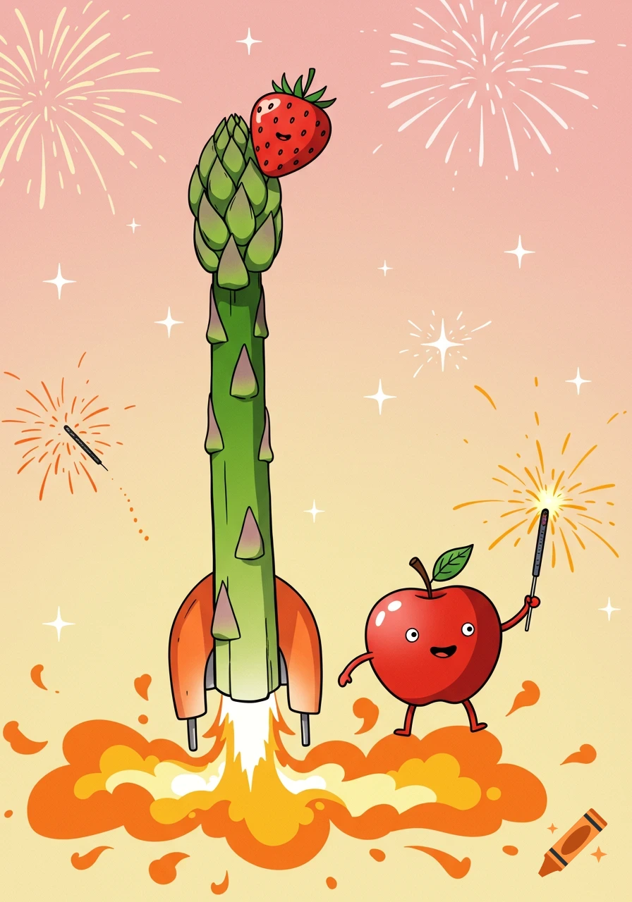 Cartoon asparagus rocket launches with a strawberry on top, while a happy apple holds a sparkler under fireworks.