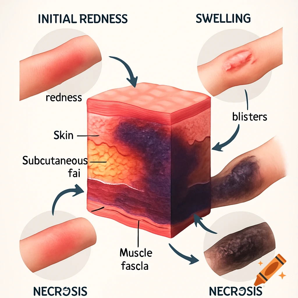 A medical diagram illustrating the progression of tissue damage, from initial redness to swelling with blisters and finally necrosis, showing skin, subcutaneous fai, and muscle fascia layers.