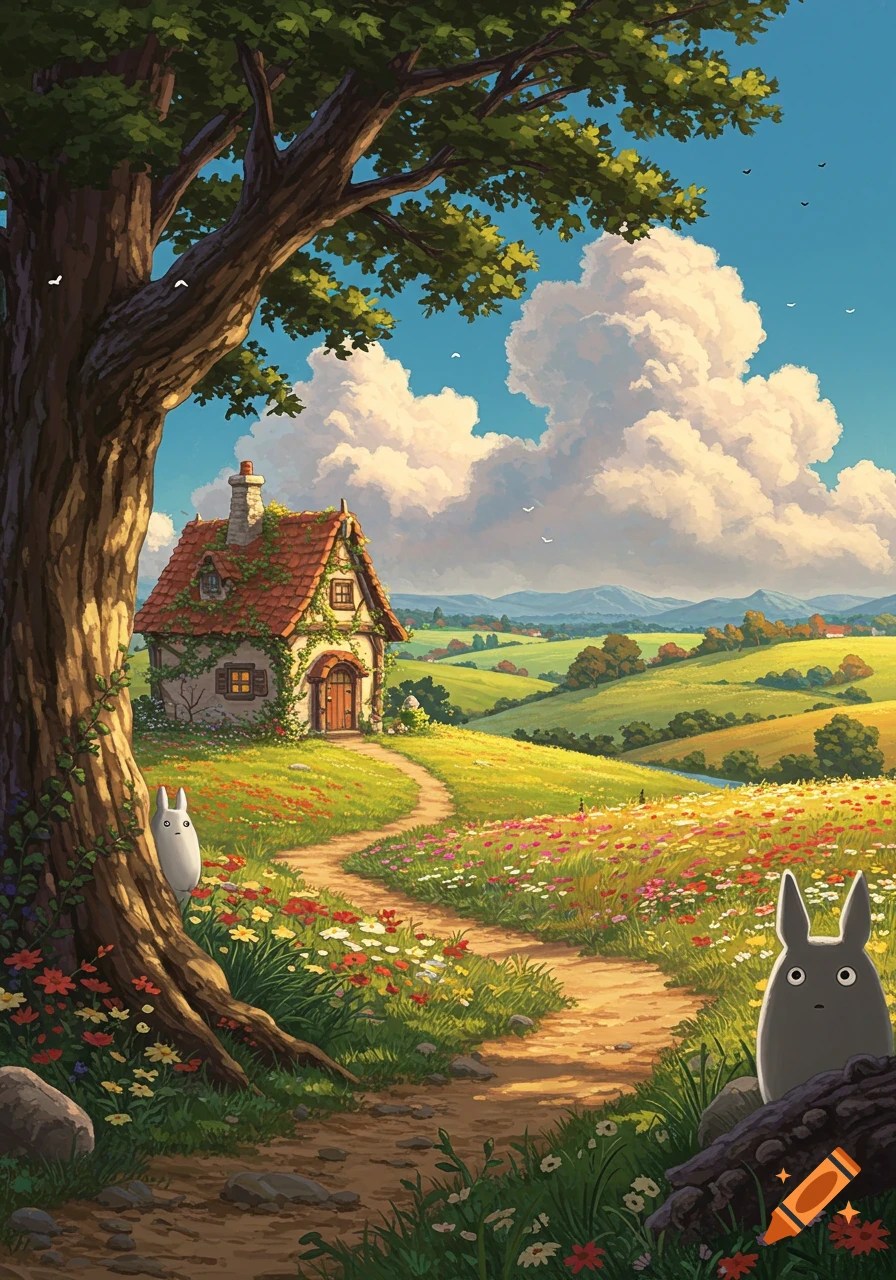 A whimsical anime-style landscape with a cottage, winding path, wildflowers, and two Totoro-like creatures.