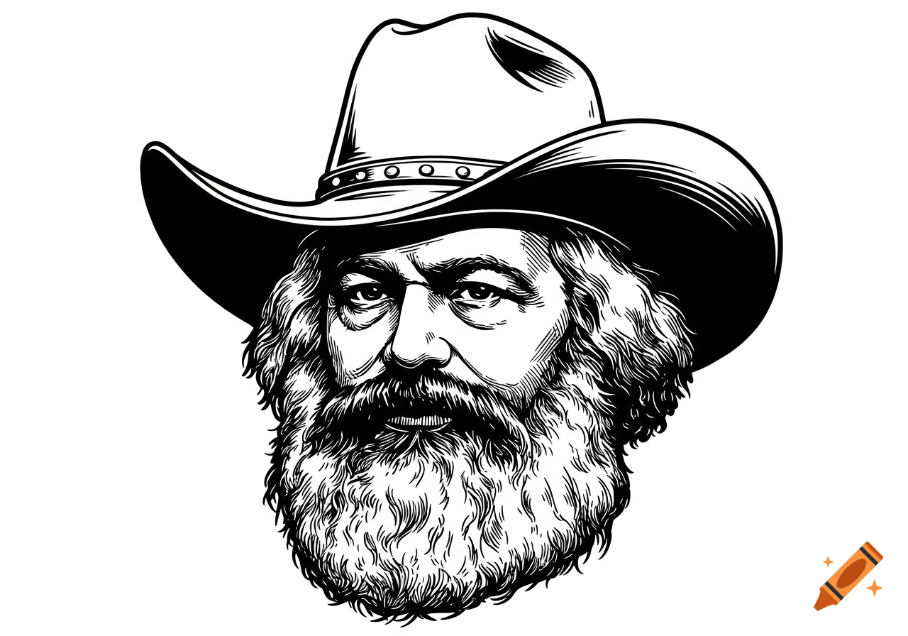 Black and white illustration of Karl Marx wearing a cowboy hat.