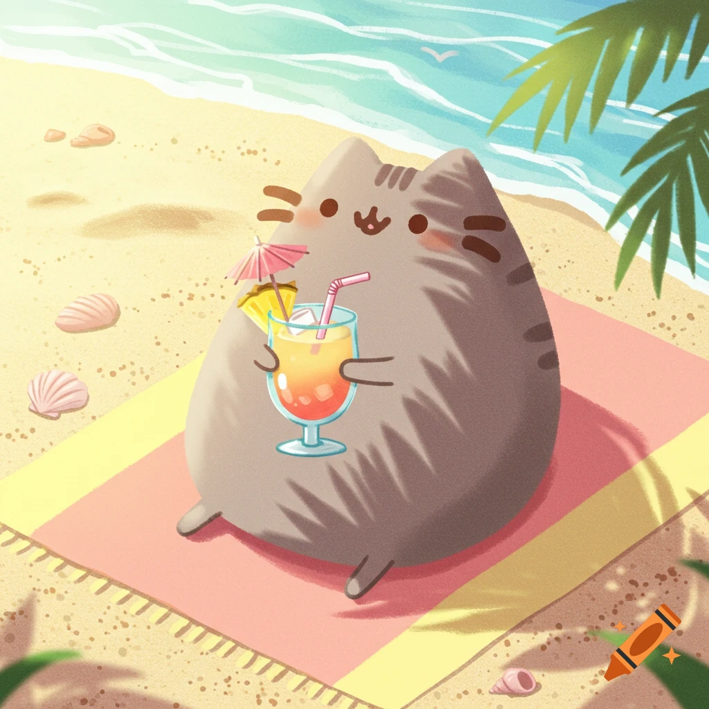A cute cartoon Pusheen cat relaxes on a pink and yellow beach towel, holding a tropical cocktail with a pineapple and umbrella, with the ocean in the background.