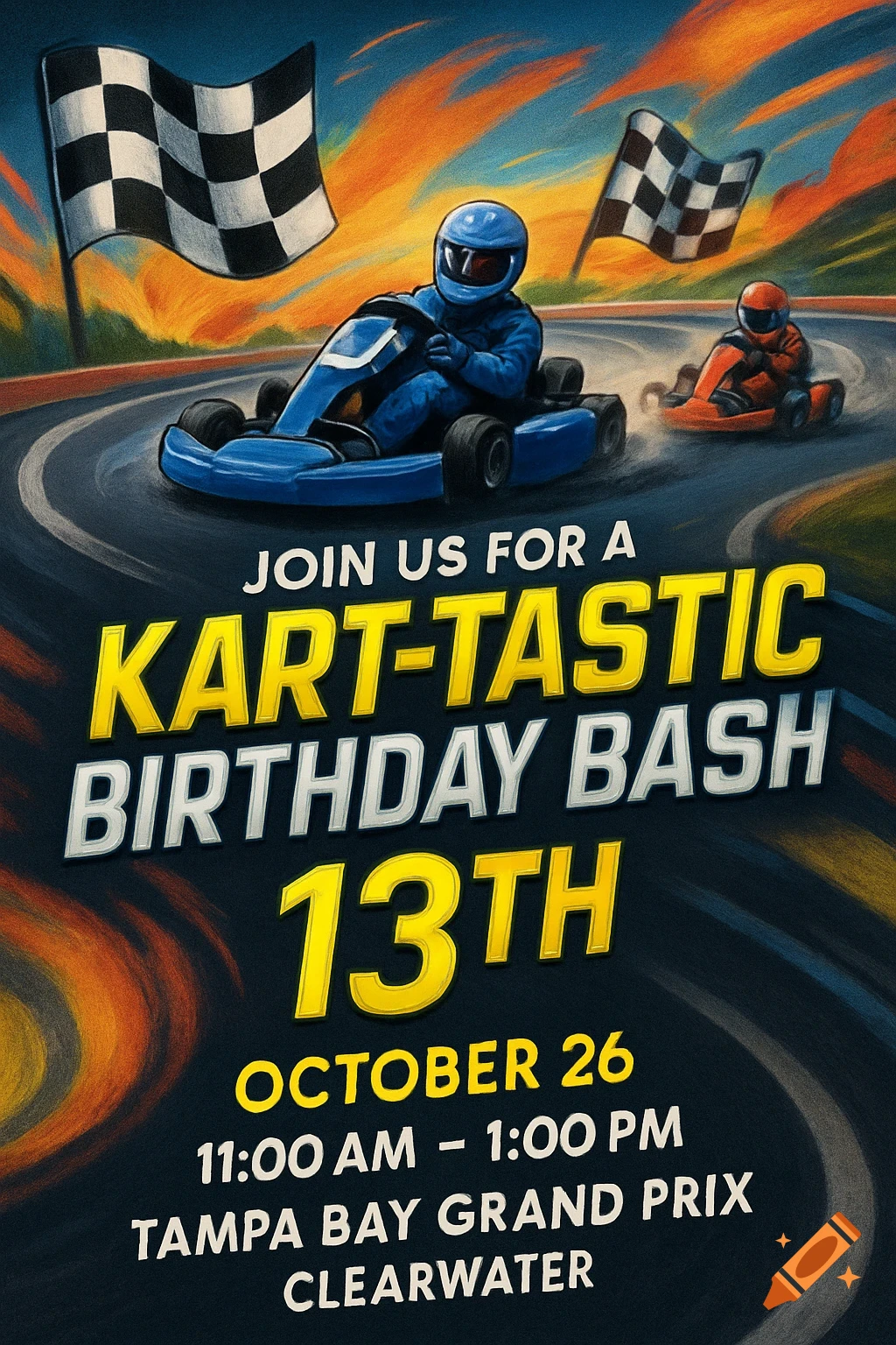 A vibrant, painterly go-kart birthday invitation with two racers on a track, checkered flags, and event details.