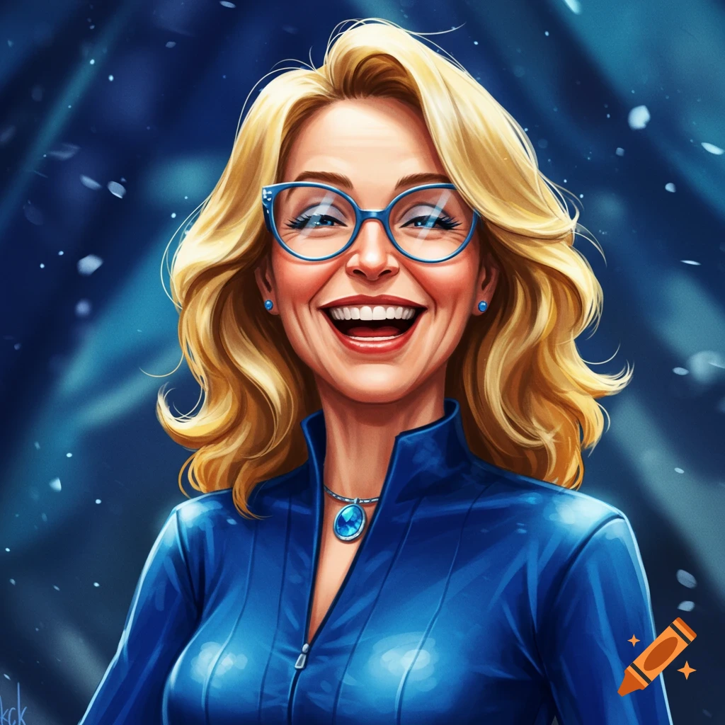 A cheerful blonde woman wearing blue glasses and a blue zipped top, smiling broadly in a stylized portrait.