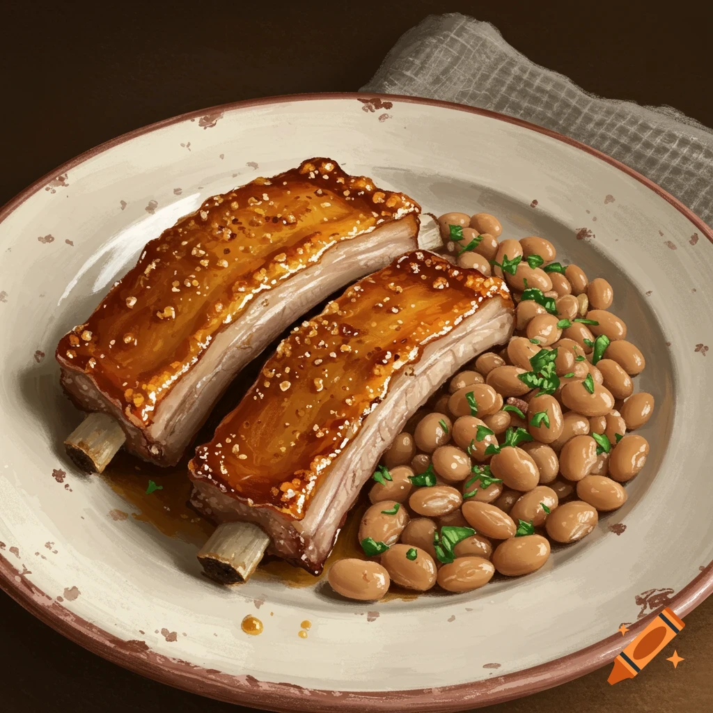 Illustration of two glazed pork belly pieces with baked beans and parsley on a rustic white plate.
