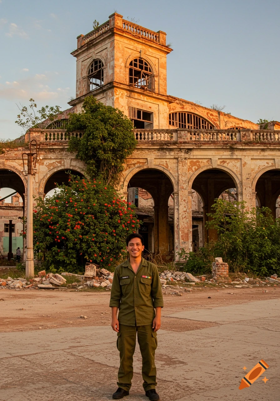 A smiling man in a green uniform stands before a dilapidated stone building with arched windows and a tower at sunset, photorealistic.