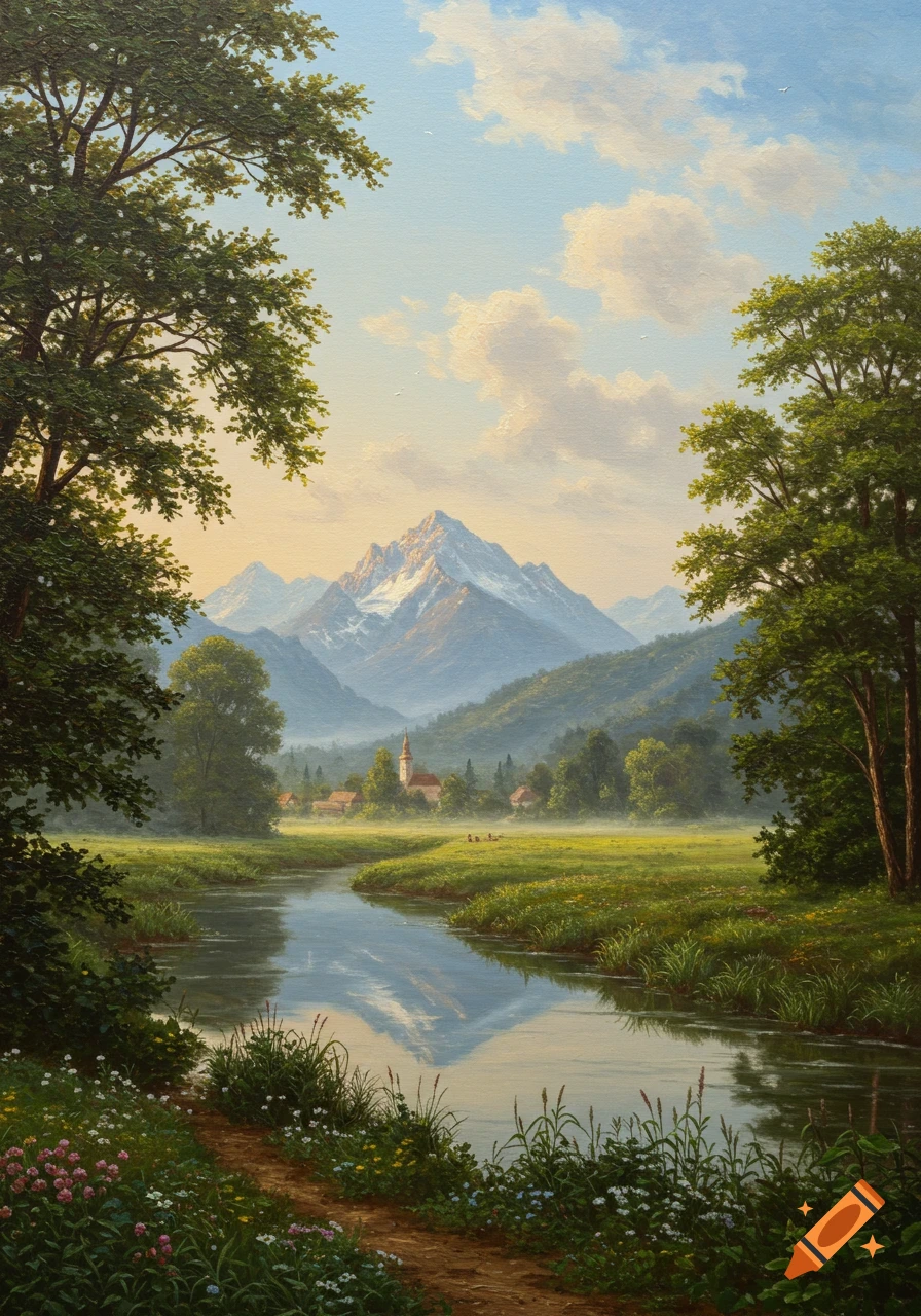 A serene landscape painting of a river flowing through green meadows towards a village and snow-capped mountains.