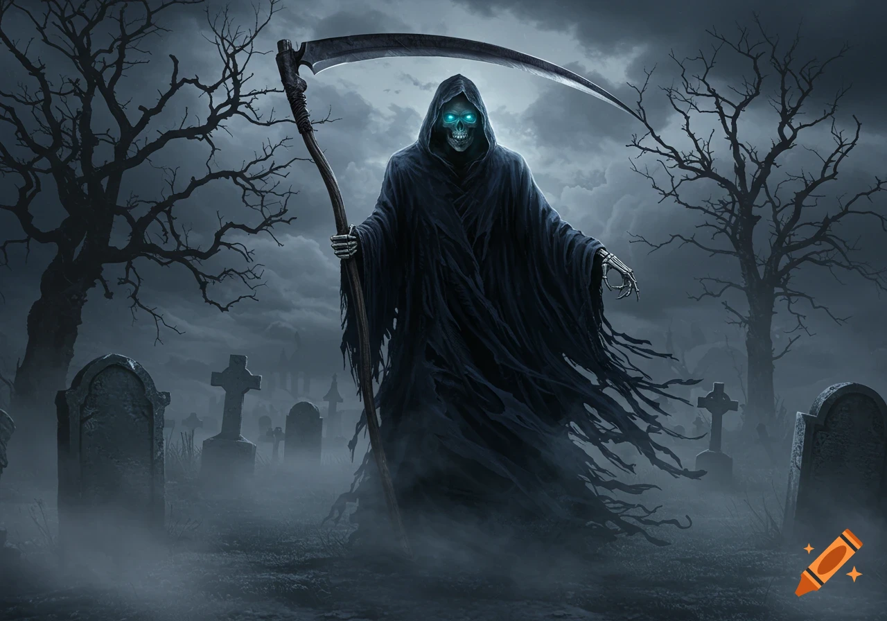 A shadowy Grim Reaper with glowing blue eyes stands in a foggy, eerie graveyard with leafless trees under a cloudy sky.