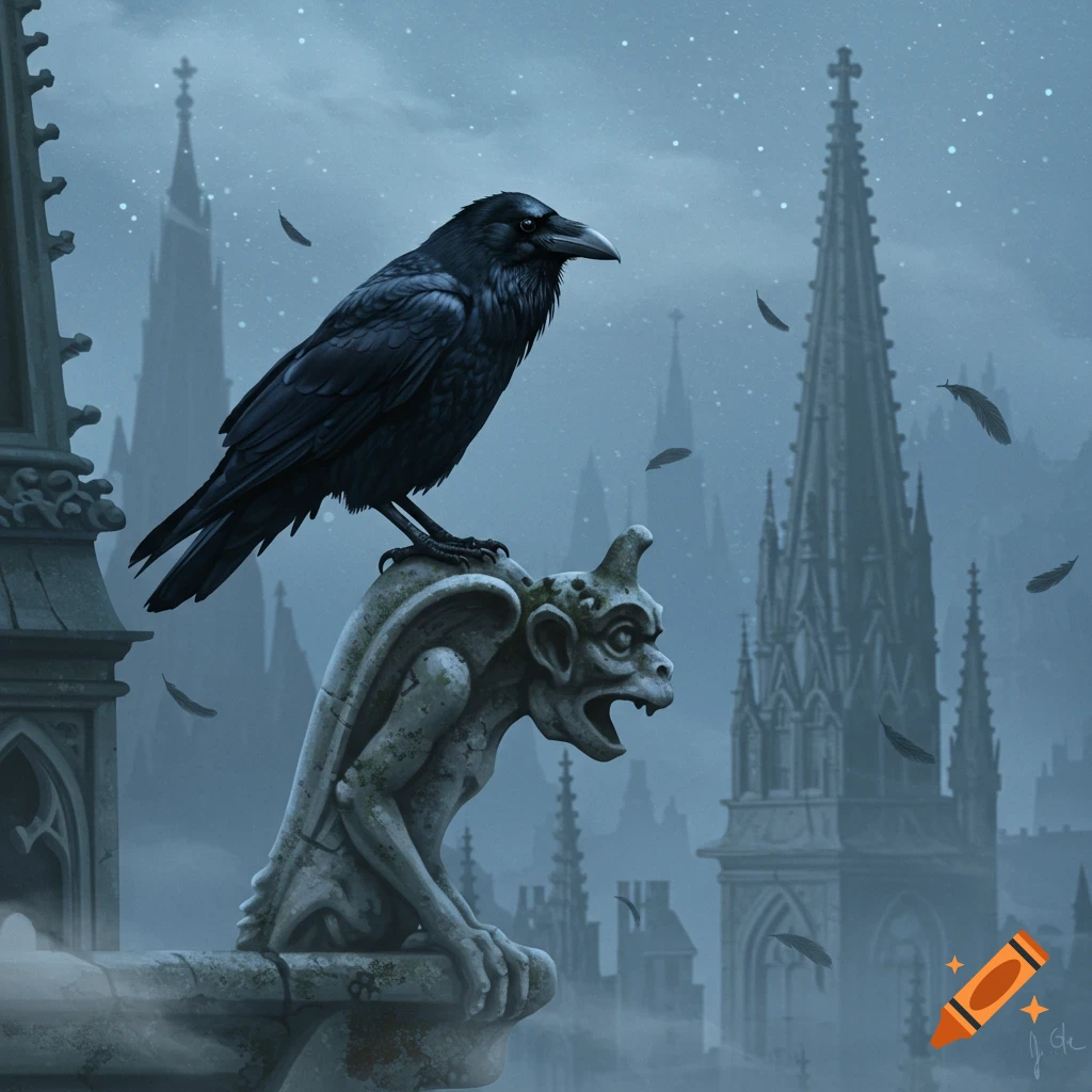 A black raven perches on a weathered stone gargoyle on a gothic cathedral rooftop at dusk, with feathers falling.