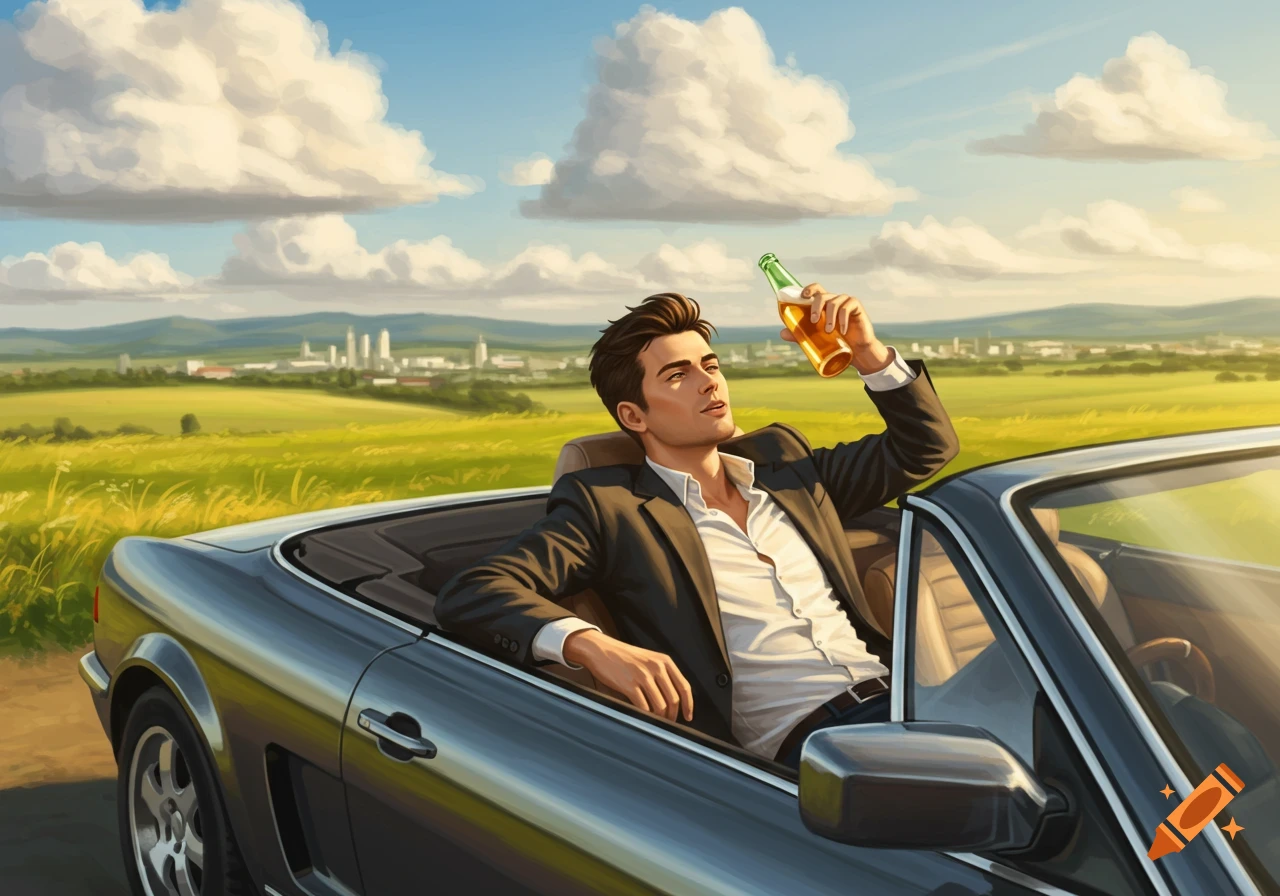 A stylish man in a suit sits in a convertible car, holding a bottle of beer on a sunny day with green fields and a city skyline. Digital painting.