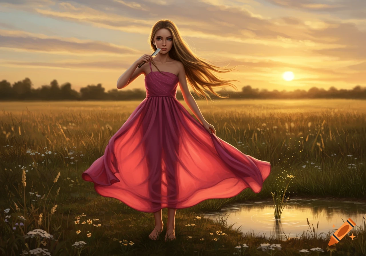 A young woman in a flowing pink dress stands in a golden field at sunset, holding a razor to her face, in a digital art style.
