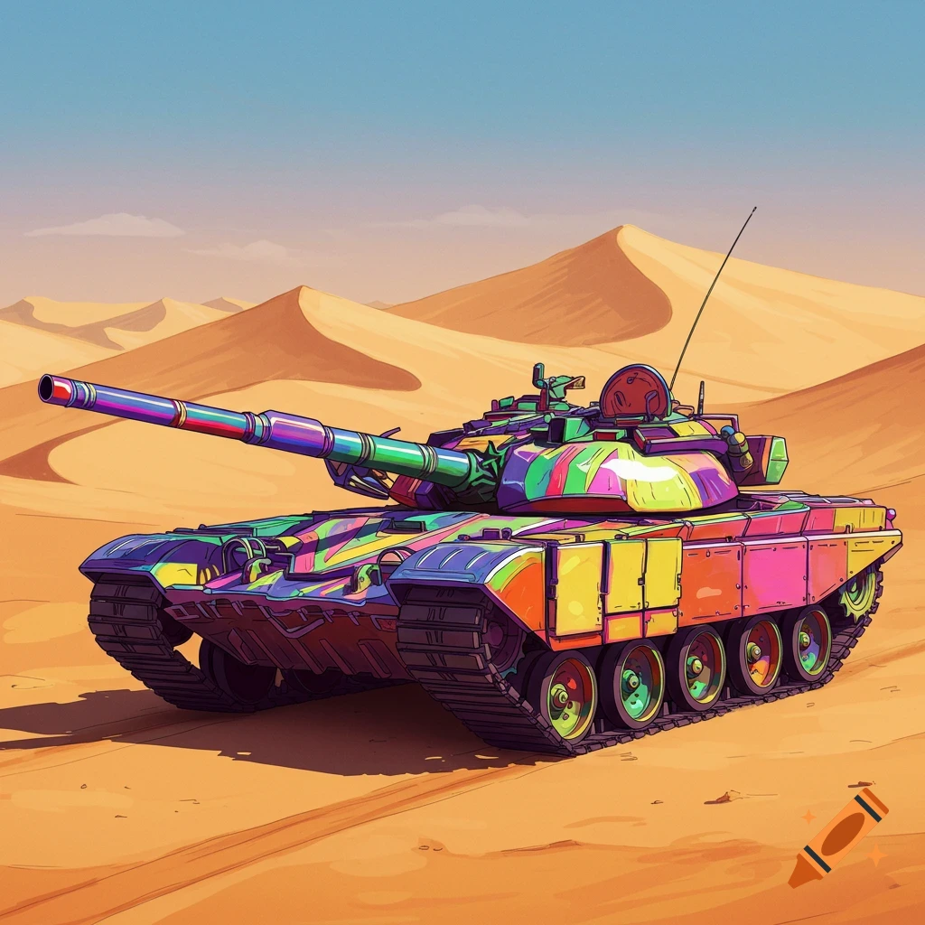 A vibrant rainbow-colored tank in a stylized desert landscape with sand dunes.
