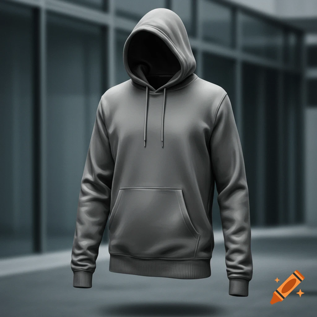 A plain gray hoodie with a front pocket floats against a blurred modern building background.