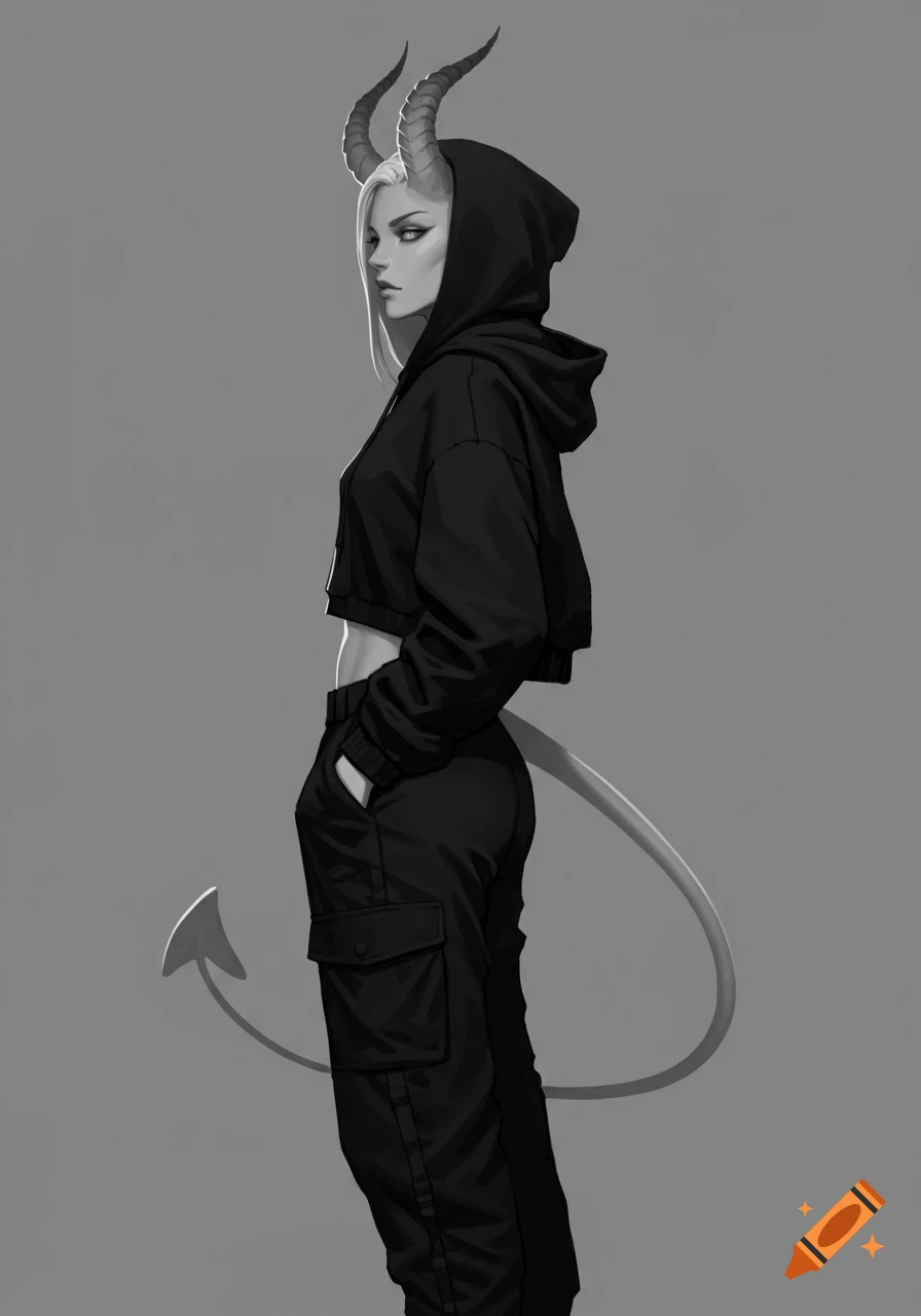 Grayscale digital art of a female demon character with horns and tail, wearing a black crop top hoodie and cargo pants, looking over her shoulder.