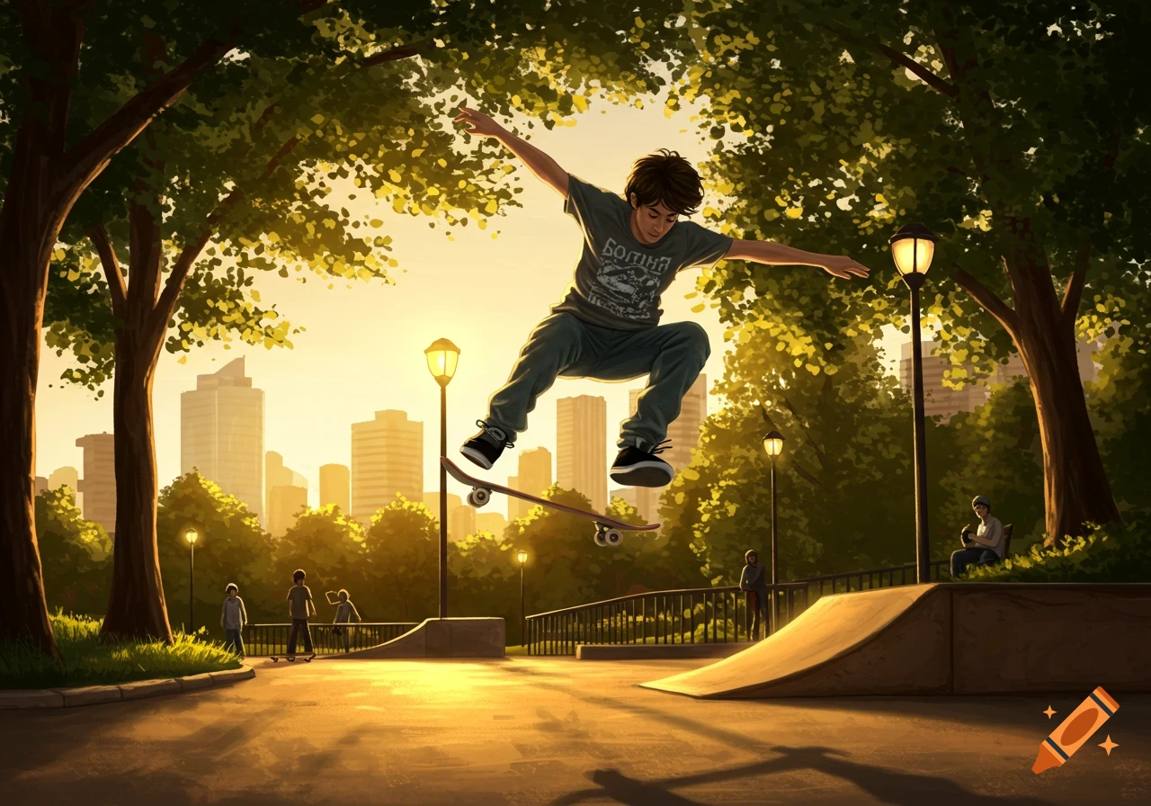 An illustrated young person in mid-air on a skateboard in a sunny park with a city skyline.