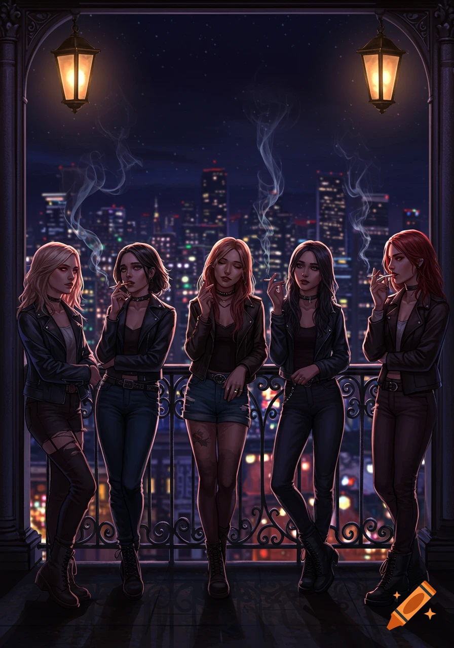 Five stylized women in leather jackets smoke cigarettes on a balcony overlooking a city skyline at night.