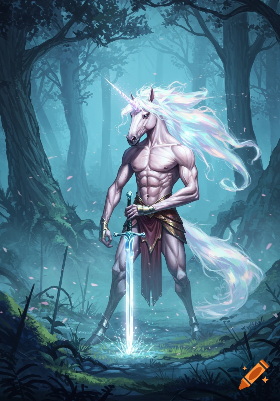 Muscular unicorn-headed man with long flowing mane and tail, holding a glowing sword in a misty forest. Fantasy art.