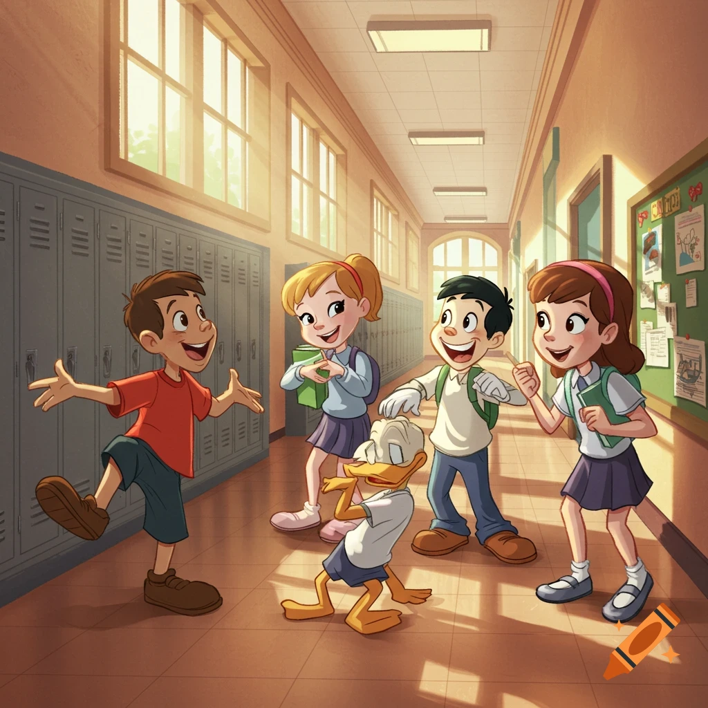 Four animated children and a duck laugh and play in a sunlit school corridor in a Disney-style.