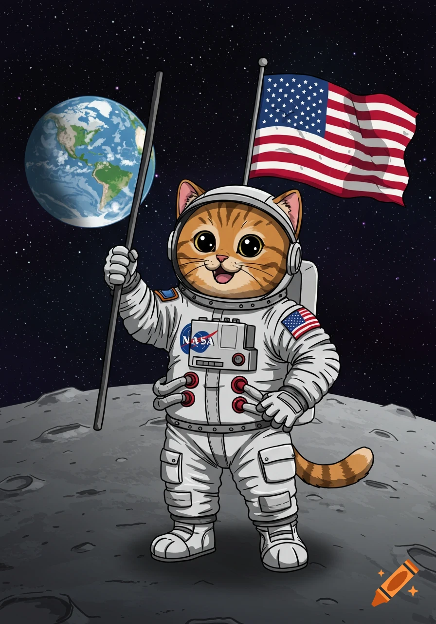 A cartoon illustration of a cute orange tabby cat astronaut on the moon, holding an American flag with Earth in the background.