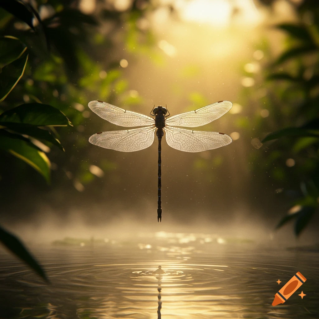 A dragonfly with translucent wings hovers over rippling water, illuminated by a warm golden light filtering through dense foliage.