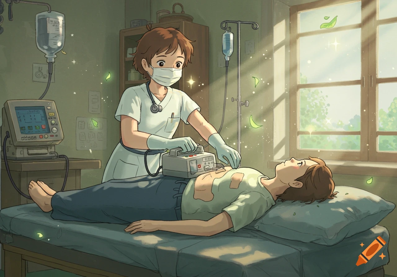 A Ghibli-style illustration of a nurse using a defibrillator on a patient in a hospital room with sunlight streaming through a window.