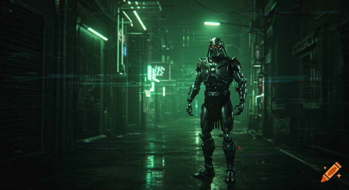 A black armored robot with glowing red eyes stands in a dark, neon-lit cyberpunk alley with a green tint and CCTV-style scanlines.