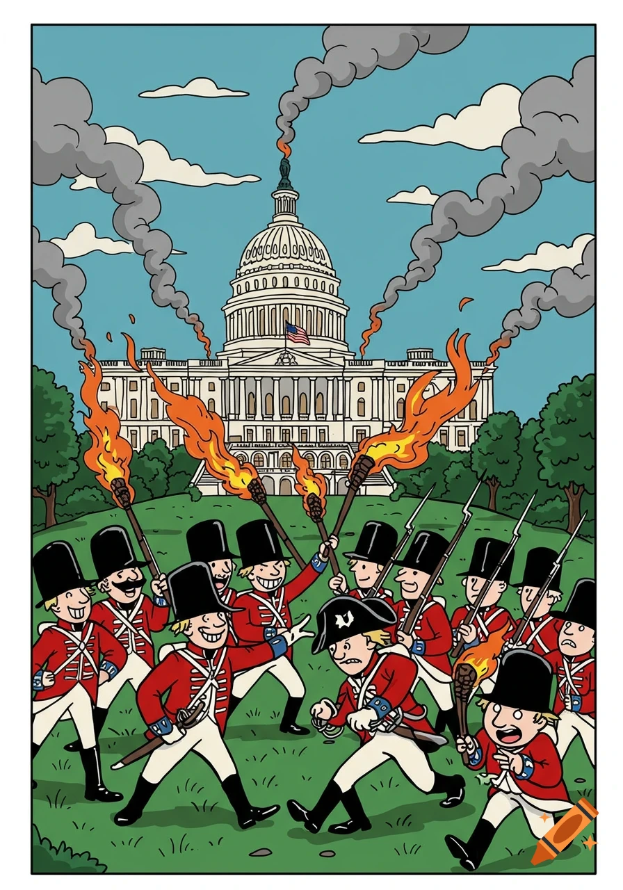 Cartoon of British soldiers with torches in front of the burning US Capitol building.