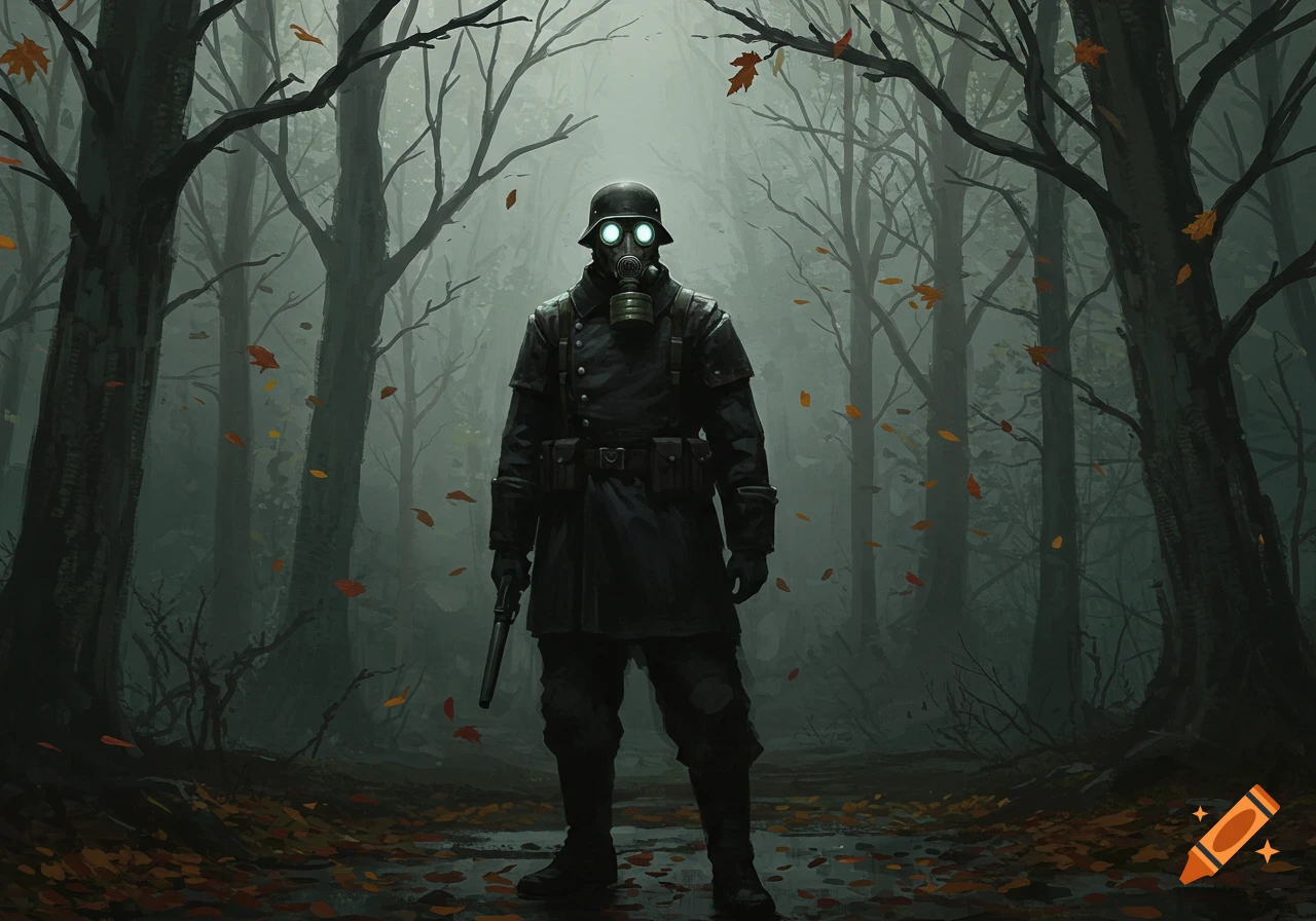 A soldier in a gas mask and helmet stands holding a pistol in a foggy, dark forest with bare trees and fallen leaves.